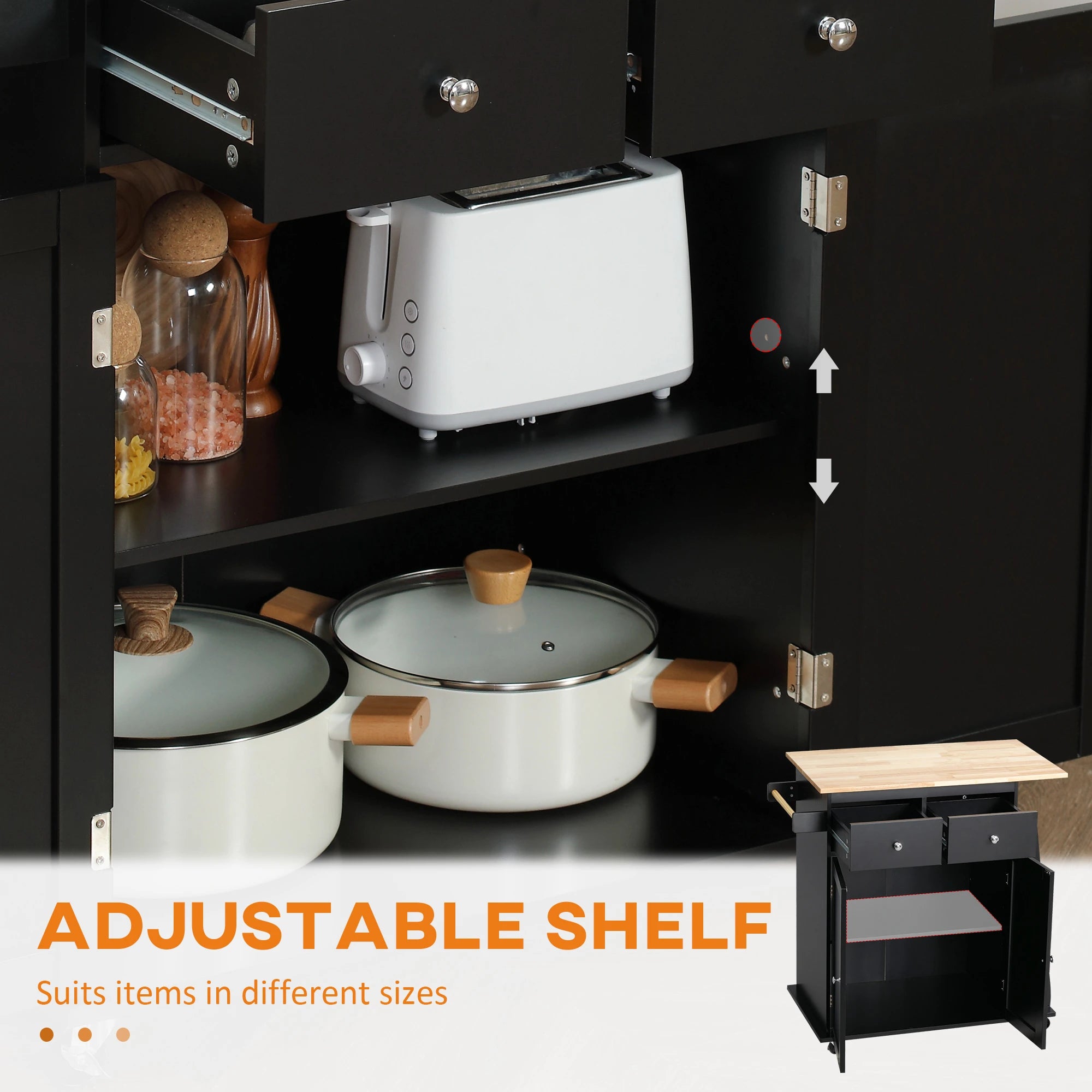 Rolling Kitchen Island Cart, Rubber Wood Top, 3-Tier Spice Rack, Black Kitchen Islands & Kitchen Carts at Gallery Canada