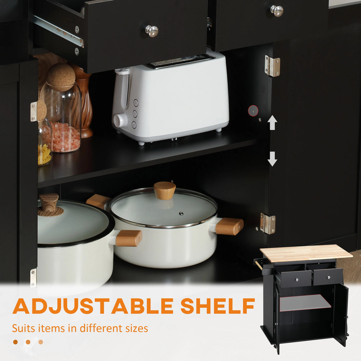 Rolling Kitchen Island Cart, Rubber Wood Top, 3-Tier Spice Rack, Black Kitchen Islands & Kitchen Carts at Gallery Canada