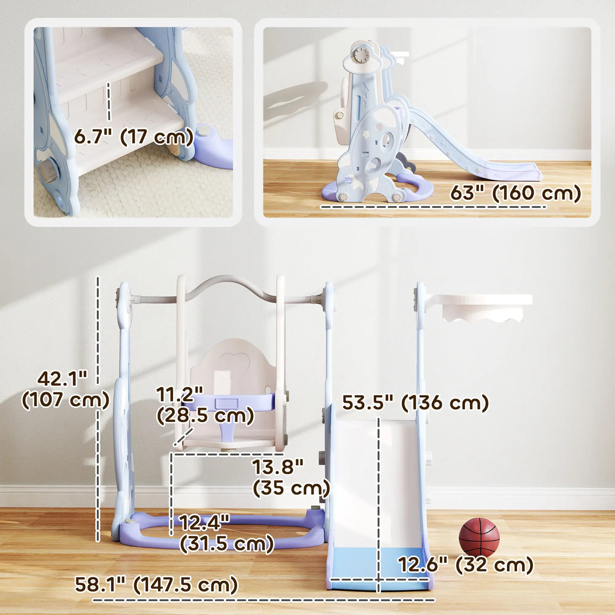4-in-1 Slide Swing Set, Basketball Hoop, Climber, Ages 1.5-4, Rocket Themed, Light Blue Gym Sets & Swings at Gallery Canada
