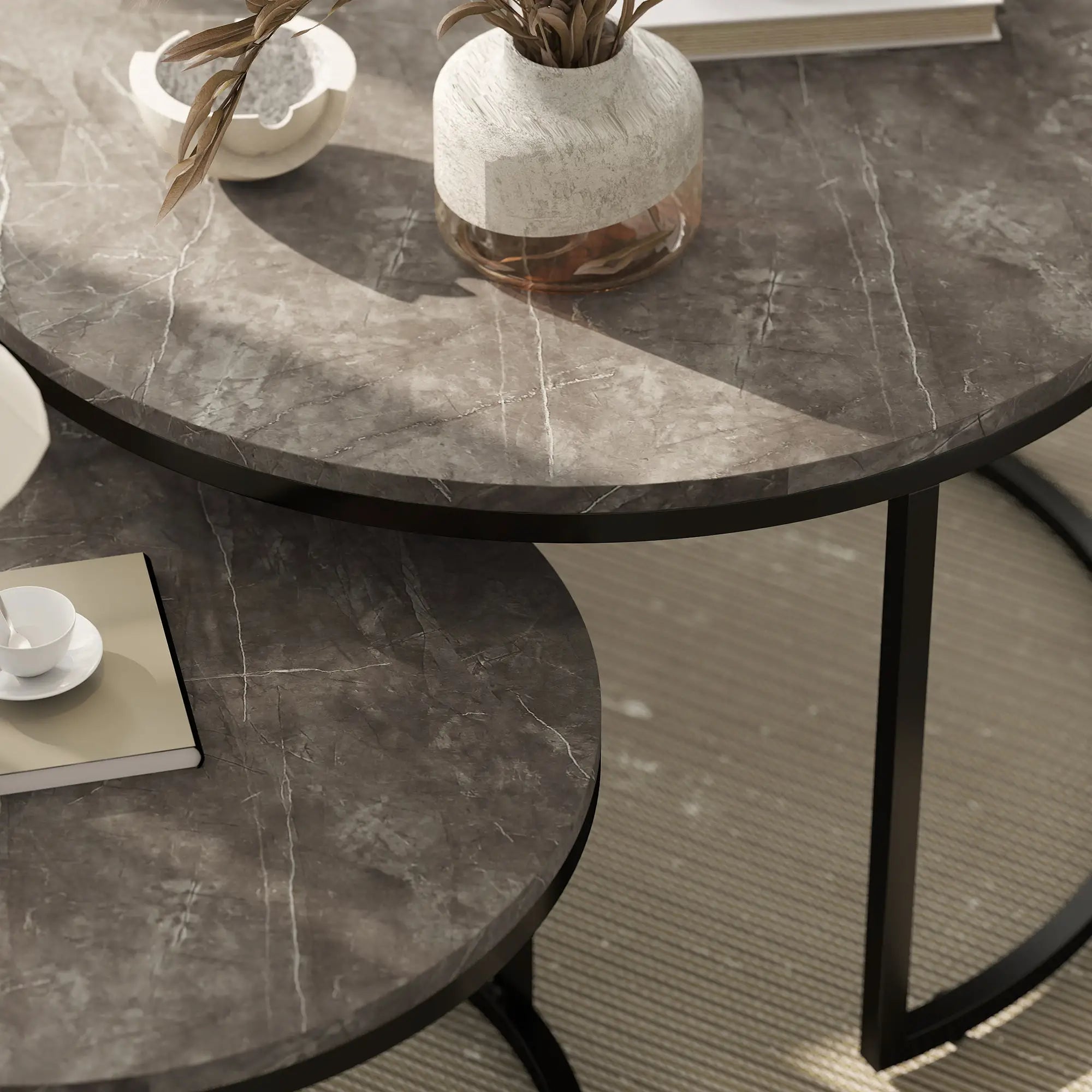 Modern Coffee Table Set of 2, Nesting Side Tables, Metal Base, Faux Marbled Grey, Grey Coffee Tables at Gallery Canada