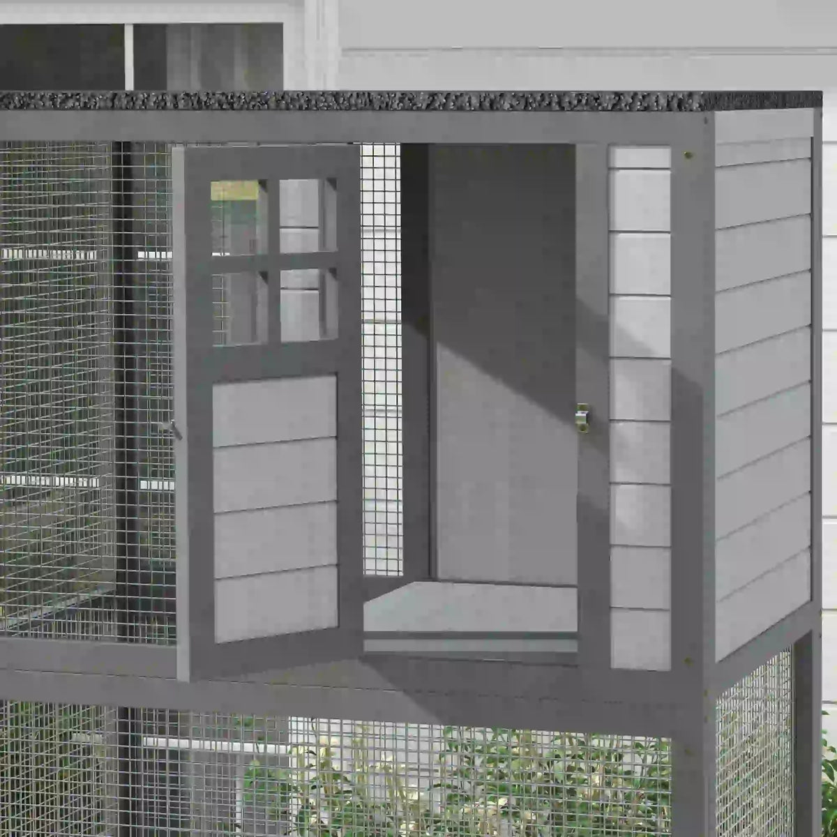74" Wooden Outdoor Cat House, Weatherproof, Wheeled, Light Grey Outdoor Cat Enclosures at Gallery Canada