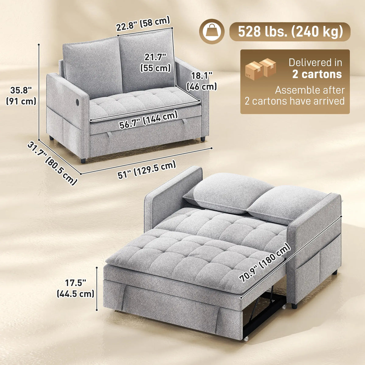 51" Velvet Pull Out Sofa Bed, USB Ports, Grey Sofa Bed at Gallery Canada
