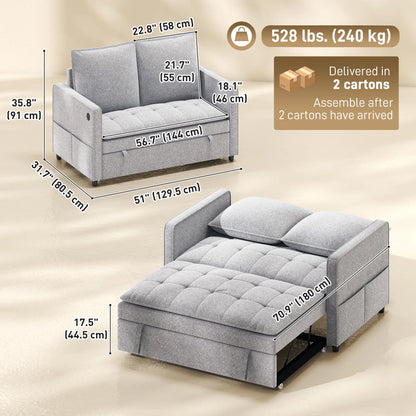 51" Velvet Pull Out Sofa Bed, USB Ports, Grey Sofa Bed at Gallery Canada