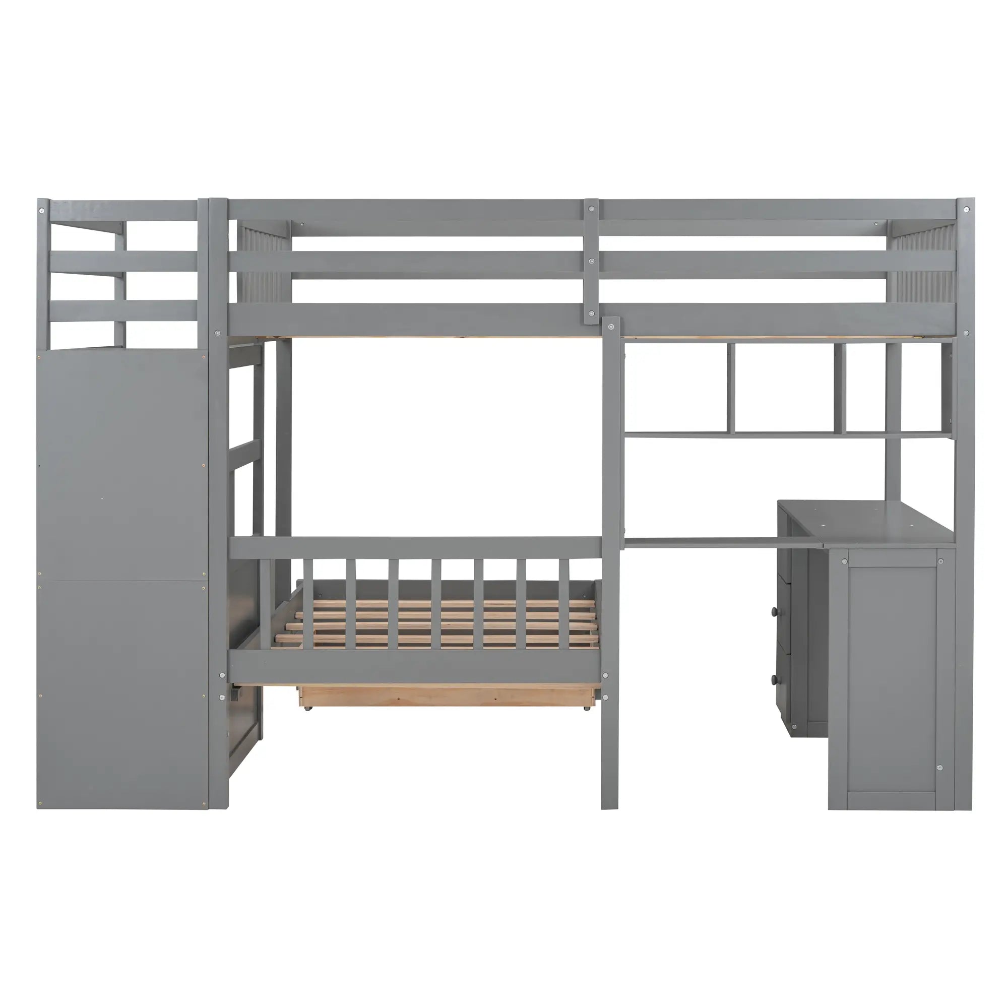 Over Twin Bunk Bed with Study Desk, Drawers, Shelves, 98
