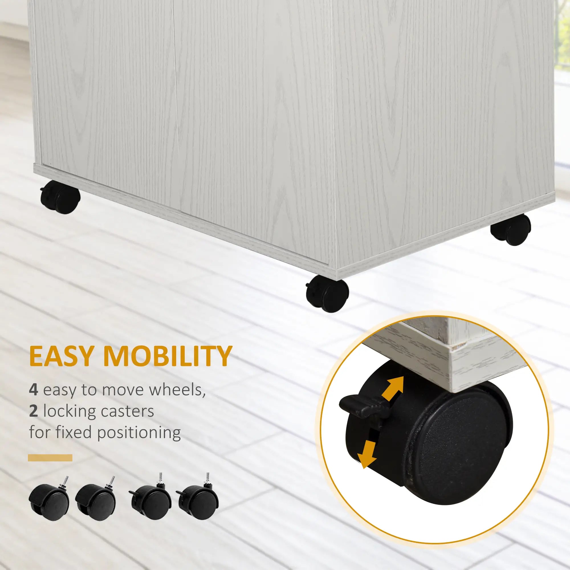 Microwave Cart on Wheels, 2-Door Cabinet, White Oak, White Kitchen Pantry Cabinets at Gallery Canada