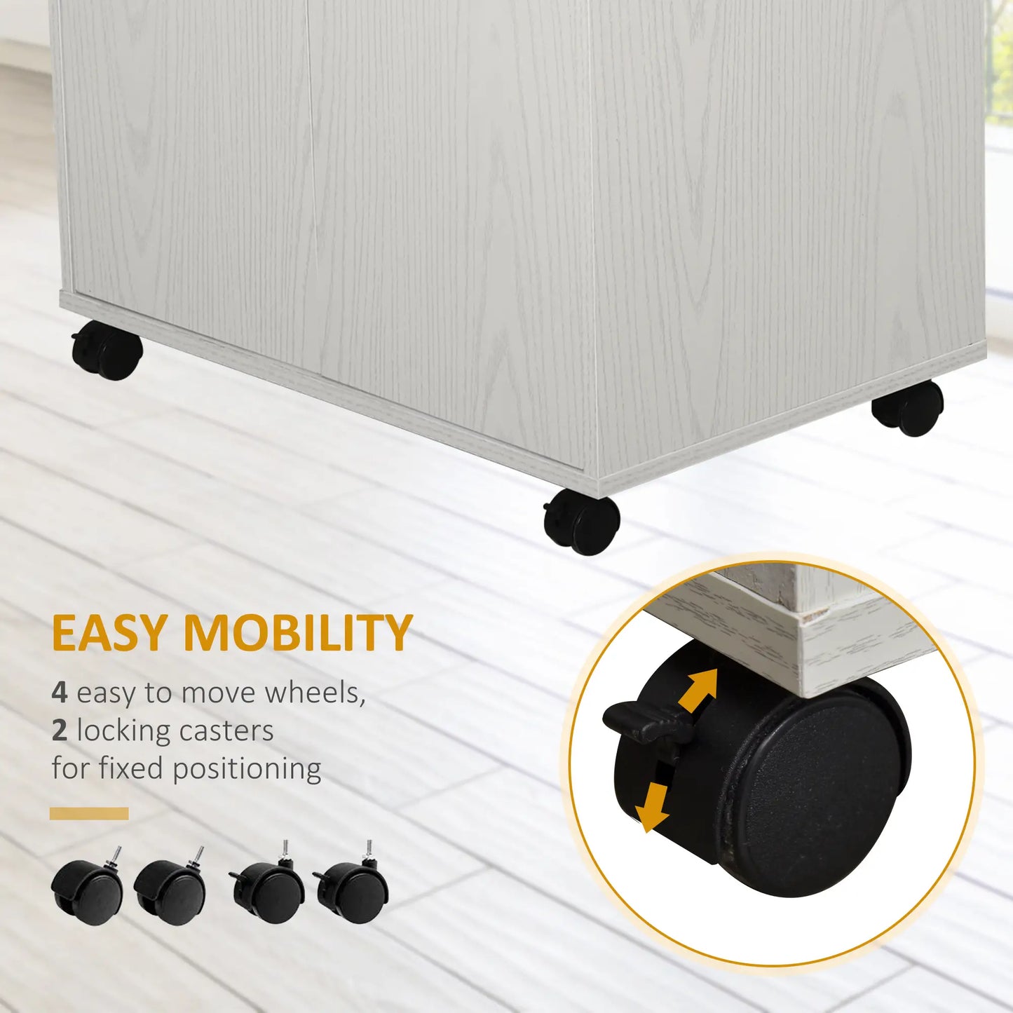 Microwave Cart on Wheels, 2-Door Cabinet, White Oak, White Kitchen Pantry Cabinets at Gallery Canada