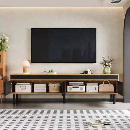 Elegant Stripe Design Stand, Sturdy Wooden Legs, 3 Doors, 67" L x 15" W x 18.5" H, Natural, Black TV Stands at Gallery Canada