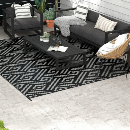 Reversible Outdoor Rug, Waterproof, 9' x 12', Geometric, Black Grey Outdoor Reversible Rugs at Gallery Canada