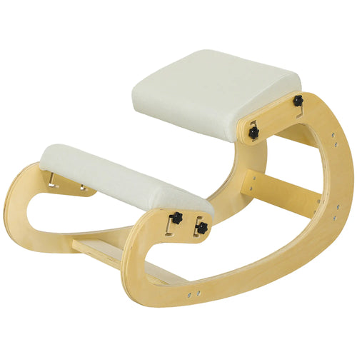 Ergonomic Kneeling Chair, Adjustable Rocking Wood Stool, Cream White