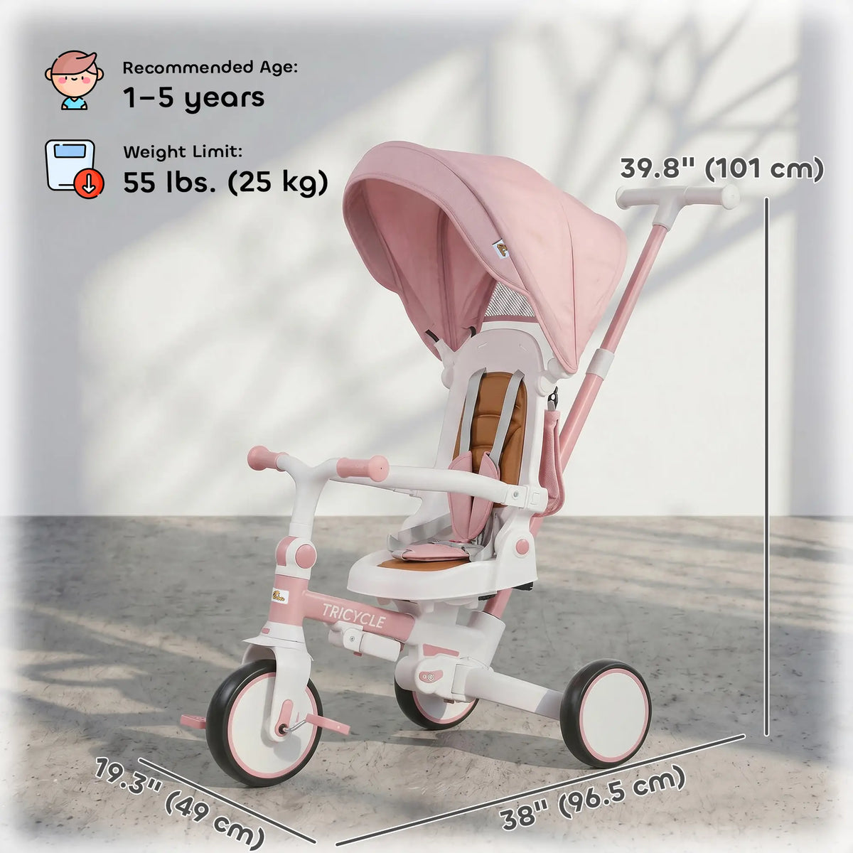 7 in 1 Toddler Tricycle, Safety Harness, Adjustable Parent Handle, Pink Tricycles for Kids at Gallery Canada