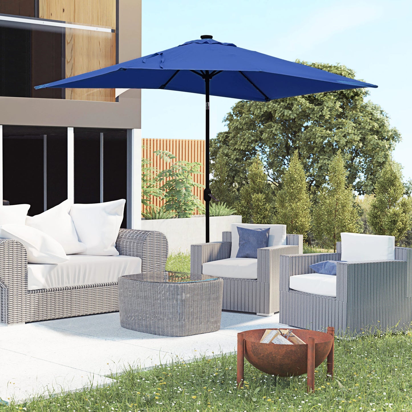 6' x 10' Rectangular Patio Umbrella, 22 LED Solar Lights, Tilt, Crank, Dark Blue Sun Umbrellas at Gallery Canada