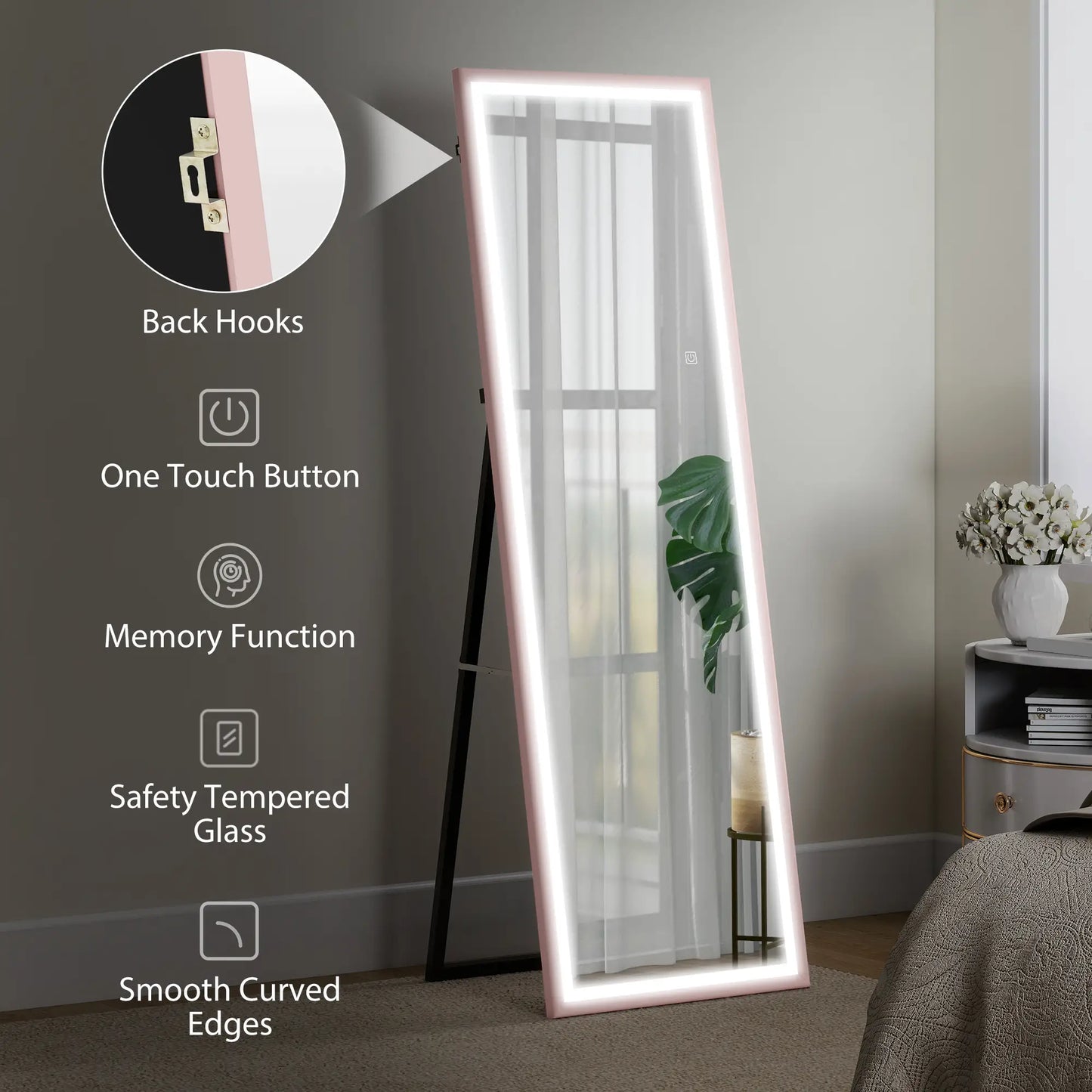 LED Mirror, Dimmable 3 Color Lights, 64" x 21" Rectangular, Pink Full Length Mirrors at Gallery Canada