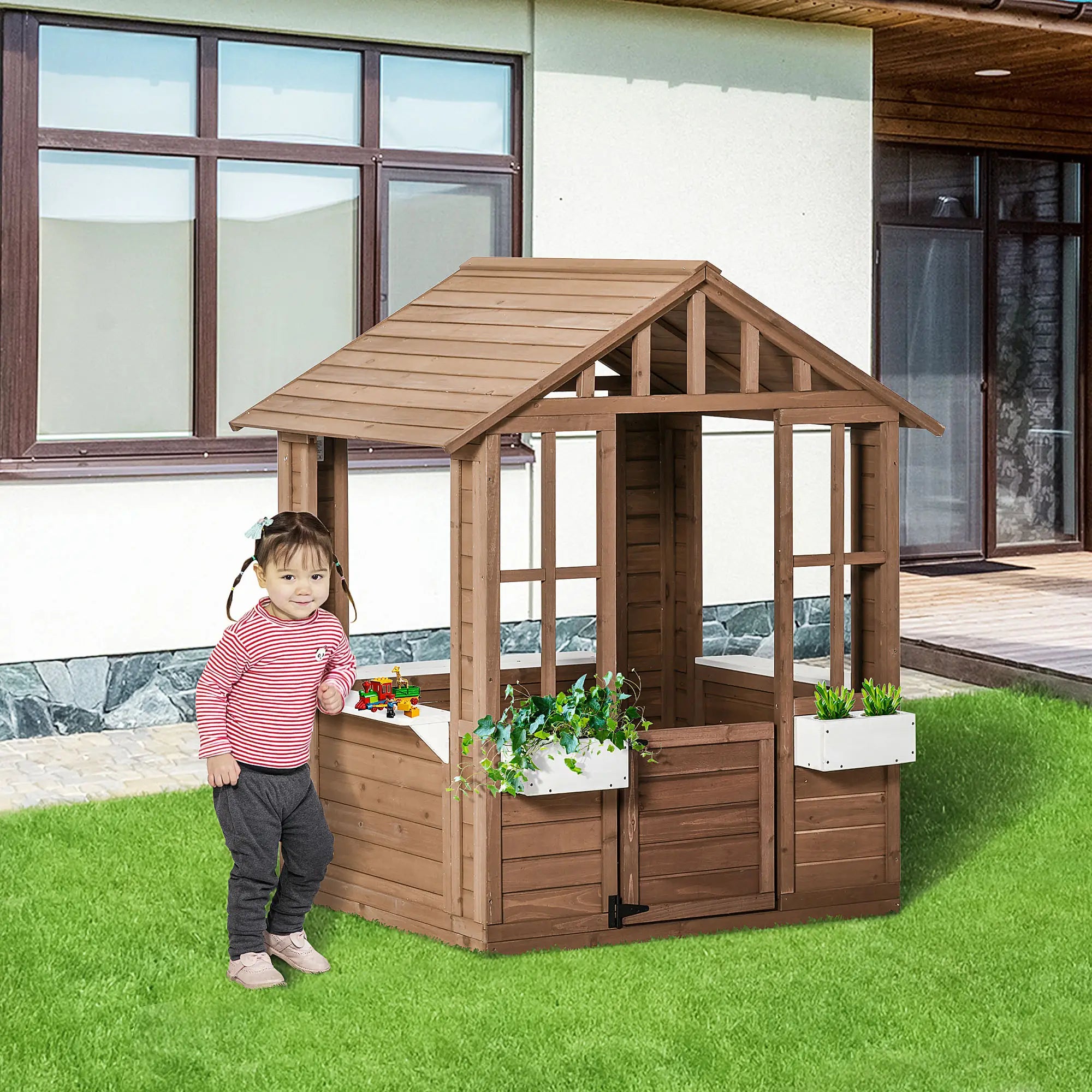 Kids Wooden Playhouse, Outdoor Cottage with Flower Pot Holder, Brown Play Houses at Gallery Canada