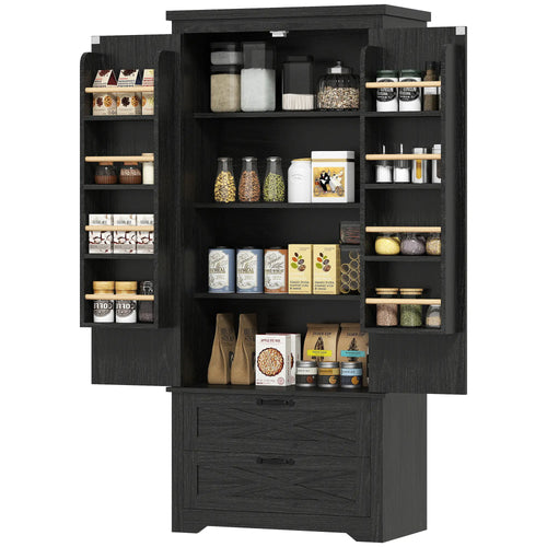 Farmhouse Kitchen Pantry Storage Cabinet, 64 Inch, Distressed Black