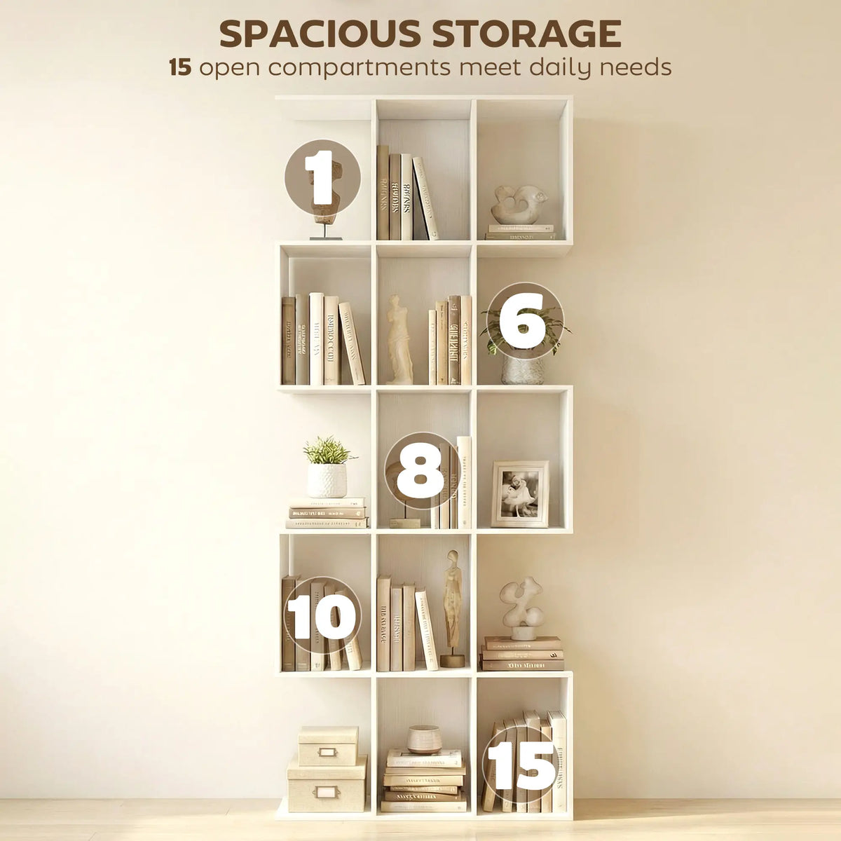 5-Tier Bookshelf, S Shaped Geometric Bookcase, White Wood Grain, White Display Bookshelves at Gallery Canada
