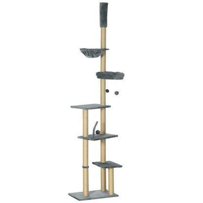 90.5" - 98.5" Cat Tree Tower, Scratching Post, Platforms, Bed, Hammock, Grey Floor to Ceiling Cat Trees Grey, Beige at Gallery Canada