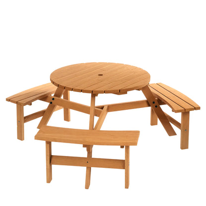 6 Person Round Picnic Table, Wood Patio Set with Umbrella Hole, Brown Outdoor Dining Sets Brown at Gallery Canada