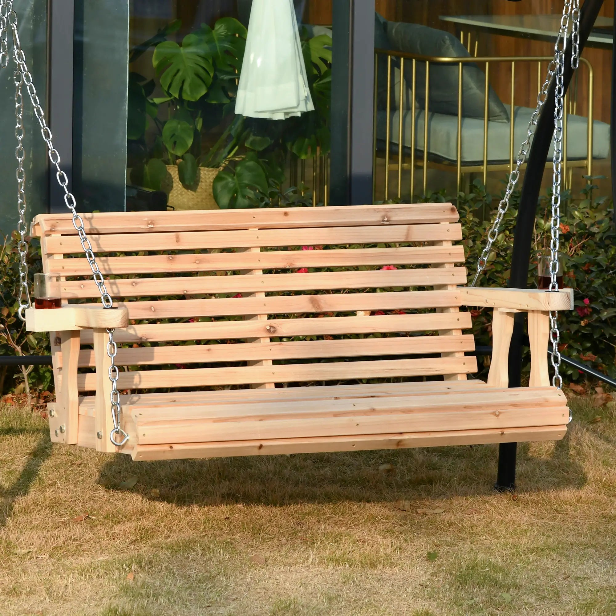 2 Seater Wooden Porch Swing, Patio Chair with Cup Holder, Chains, Natural Hanging Porch Swings at Gallery Canada