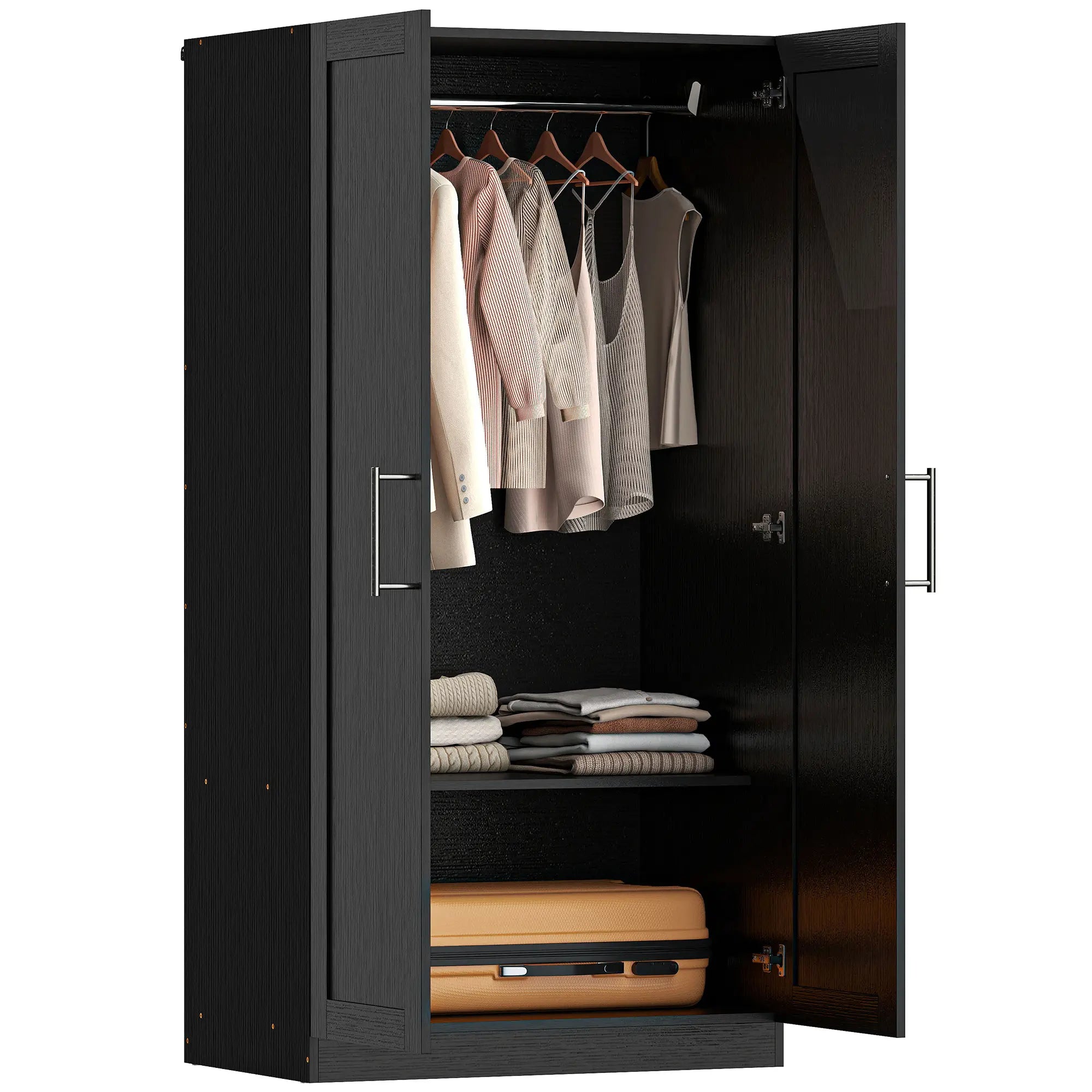 Modern Armoire Wardrobe Cabinet, 2 Doors With Hanging Rod, Black Wood Effect, Black Clothing Storage at Gallery Canada