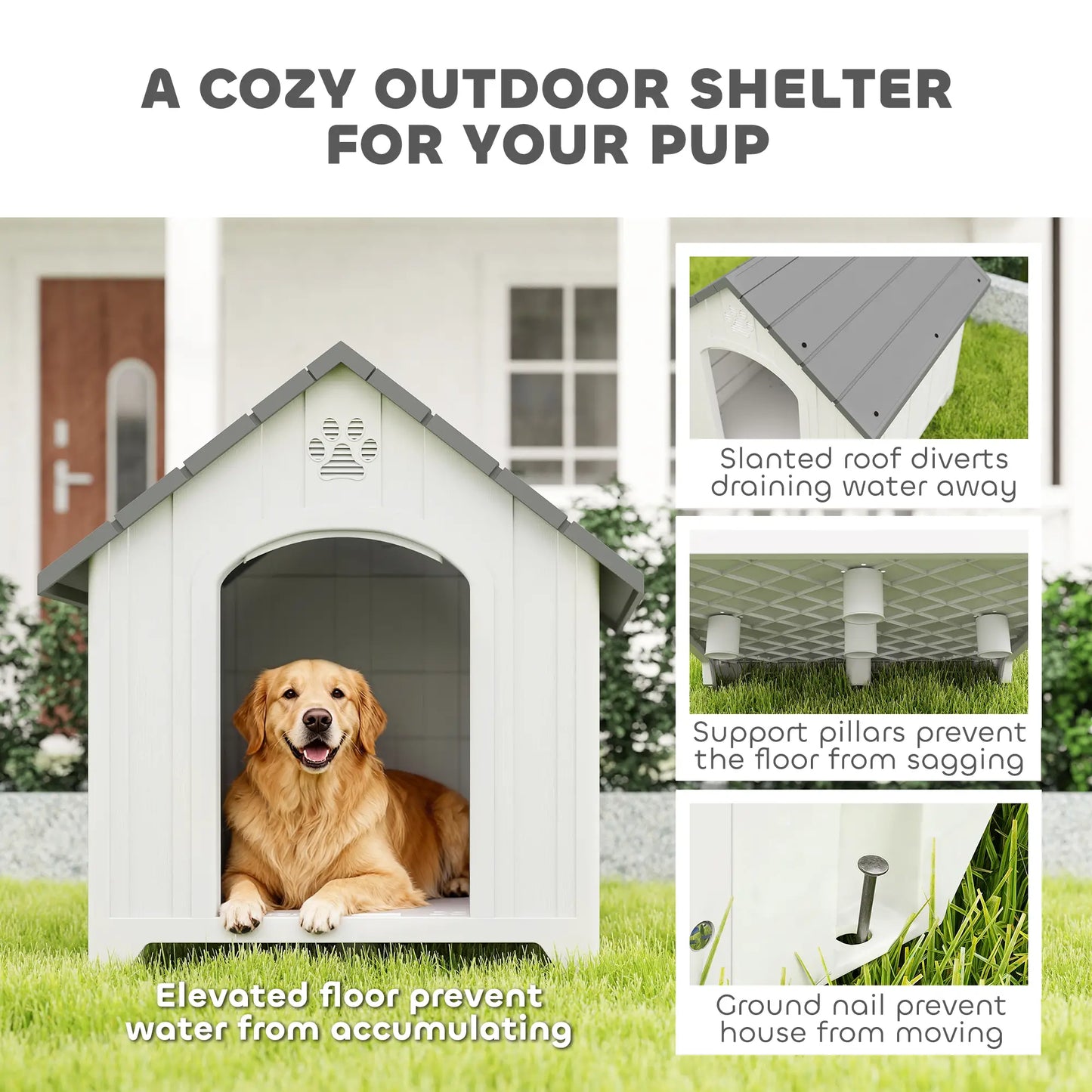 Large Plastic Dog House Outdoor Indoor, Water Resistant Puppy Shelter with Base Support, 34.6" L x 31.1" W x 35" H Dog Cages & Crates at Gallery Canada