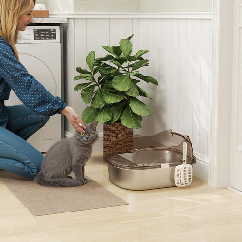 Stainless Steel Cat Litter Box, High Sided, Steps, Scoop, Anti-Leak