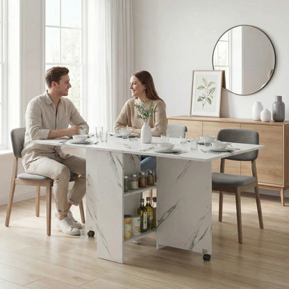 Extendable Dining Table, Marble White, Collapsible With Shelves, White