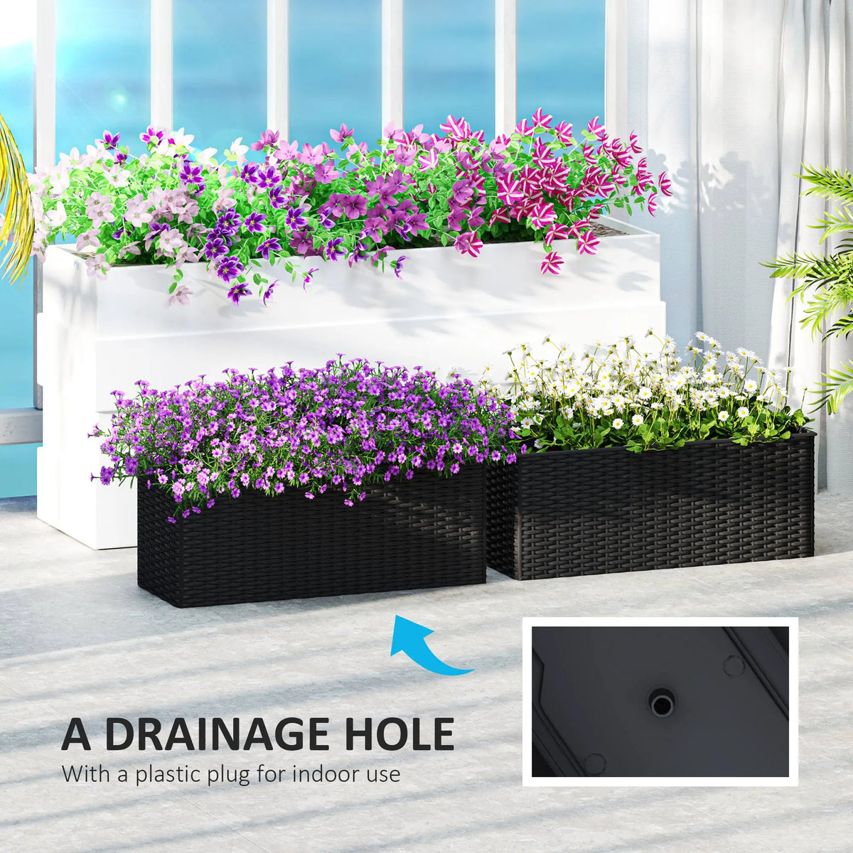 2 Pack 20 Inch Self-Watering Hanging Pots, Railing Planter, Rattan Look, Black Garden Accessories at Gallery Canada