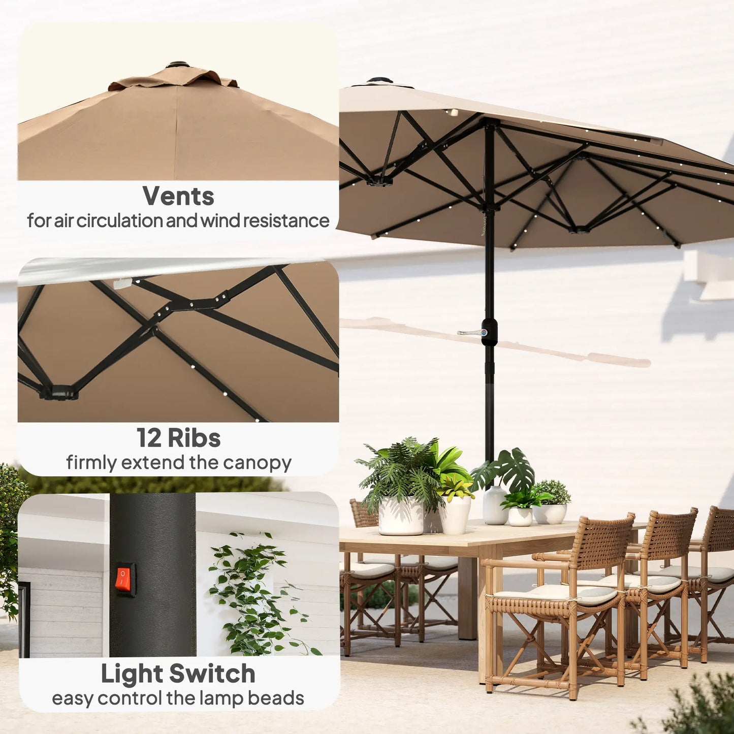 174" Double-Sided Sun Umbrella, Patio Sun Shade, Solar LED Light, Khaki Double-sided Umbrellas at Gallery Canada