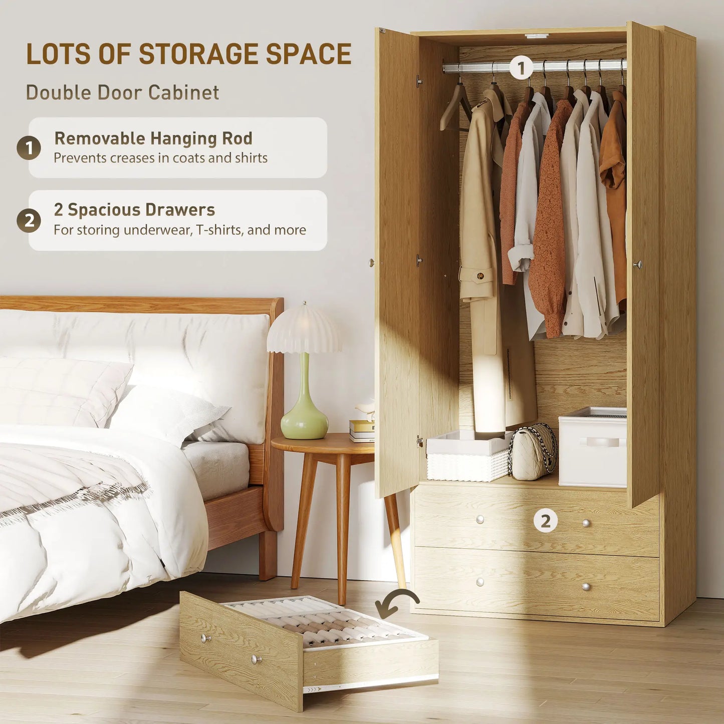 Modern Wardrobe Closet, 2 Drawers, Hanging Rod, Natural Wood Clothing Storage at Gallery Canada