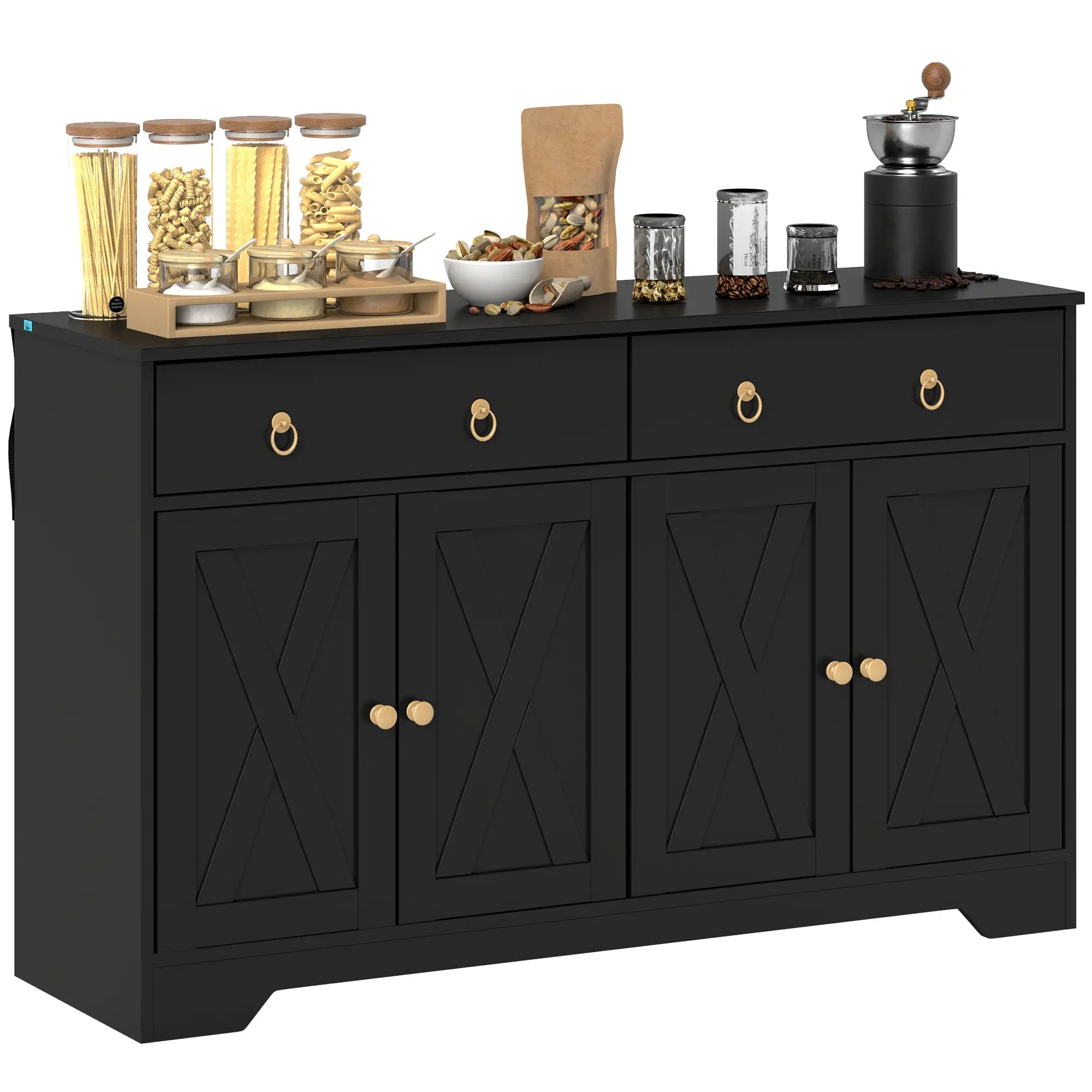 Sideboard Cabinet, 2 Drawers, 4 Barn Doors, 2 Adjustable Shelves, Black Bar Cabinets Black at Gallery Canada