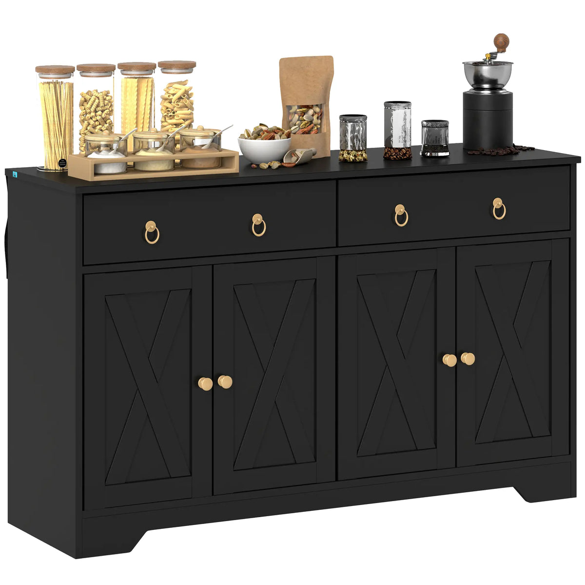 Sideboard Cabinet, 2 Drawers, 4 Barn Doors, 2 Adjustable Shelves, Black Bar Cabinets Black at Gallery Canada