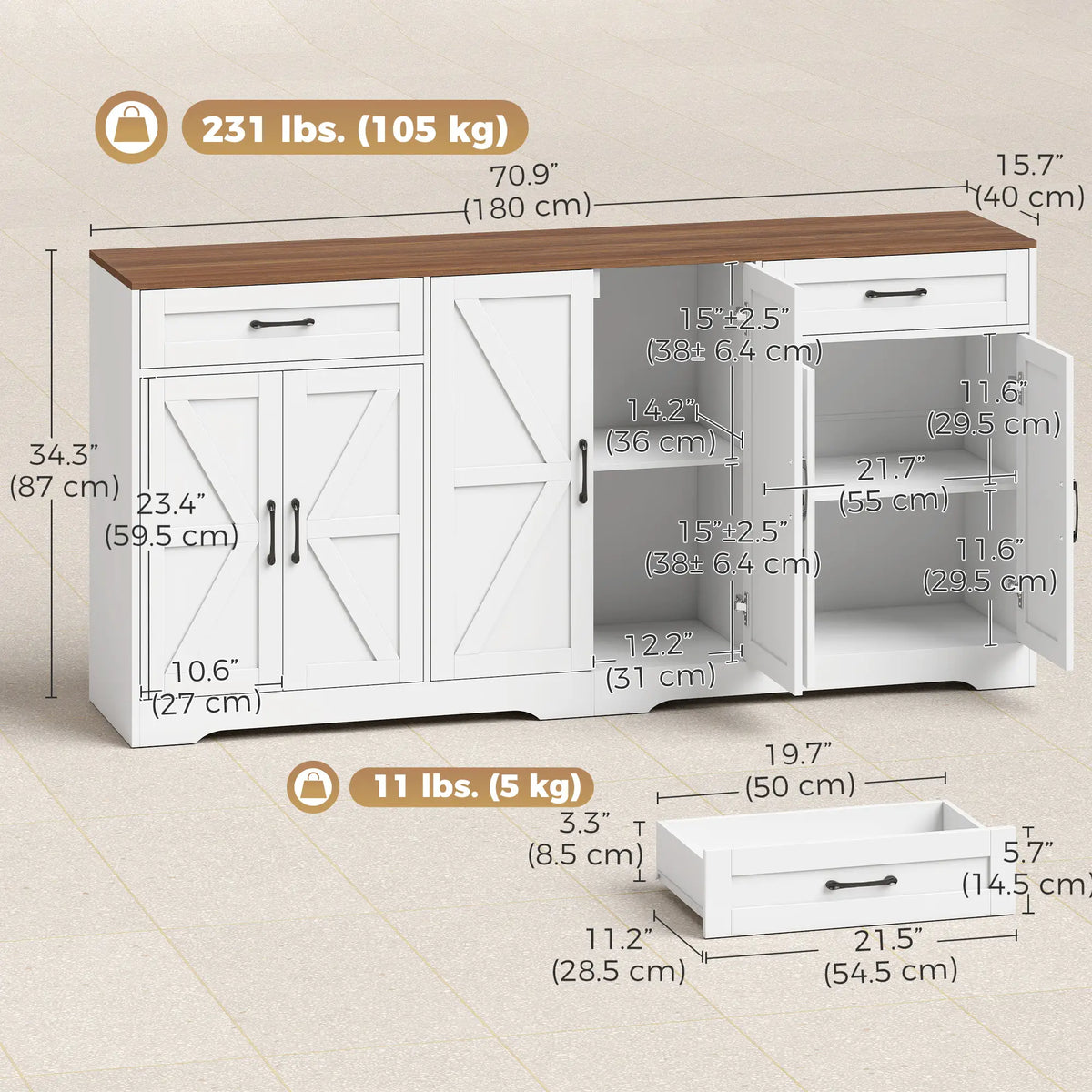 71" Sideboard Buffet Cabinet, Coffee Bar, 2 Drawers, 6 Barn Doors, White Kitchen Pantry Cabinets at Gallery Canada