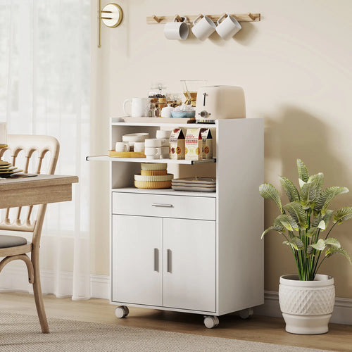 Microwave Cart with Wheels, Storage Cabinet, White