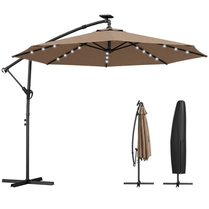 9.7 ft Cantilever Patio Umbrella, Solar Light, Tilt, Crank, Khaki Offset Cantilever Umbrellas Khaki, Black at Gallery Canada