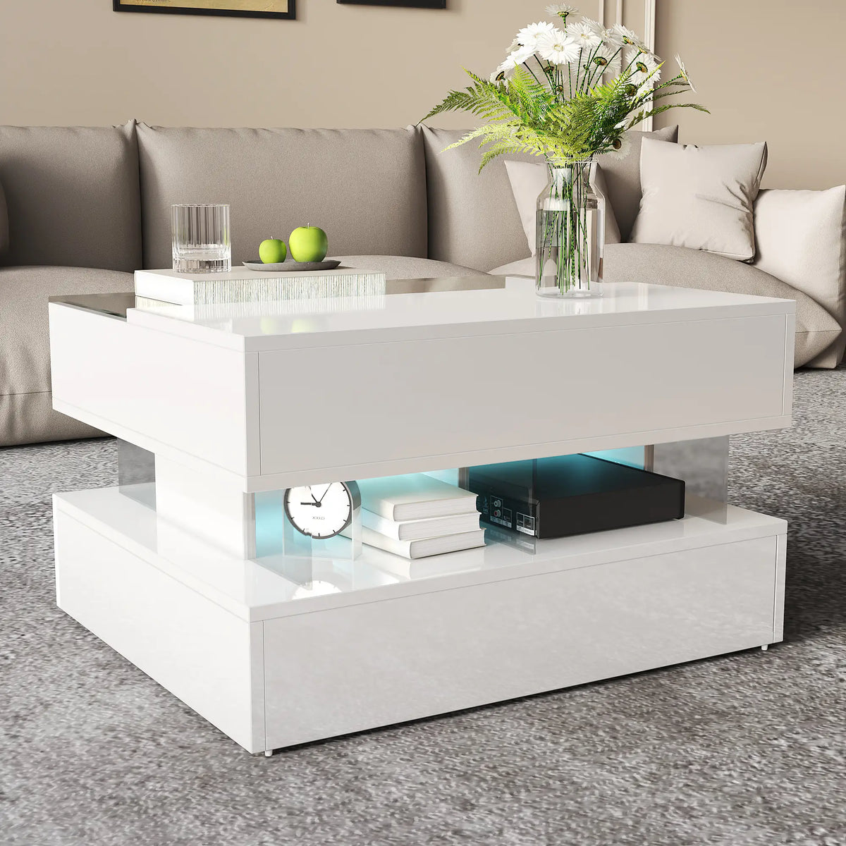 Glass Top LED Coffee Table, Storage Drawer, Adjustable Height, 26" L x 21.5" W x 21.5" H, White Coffee Tables at Gallery Canada