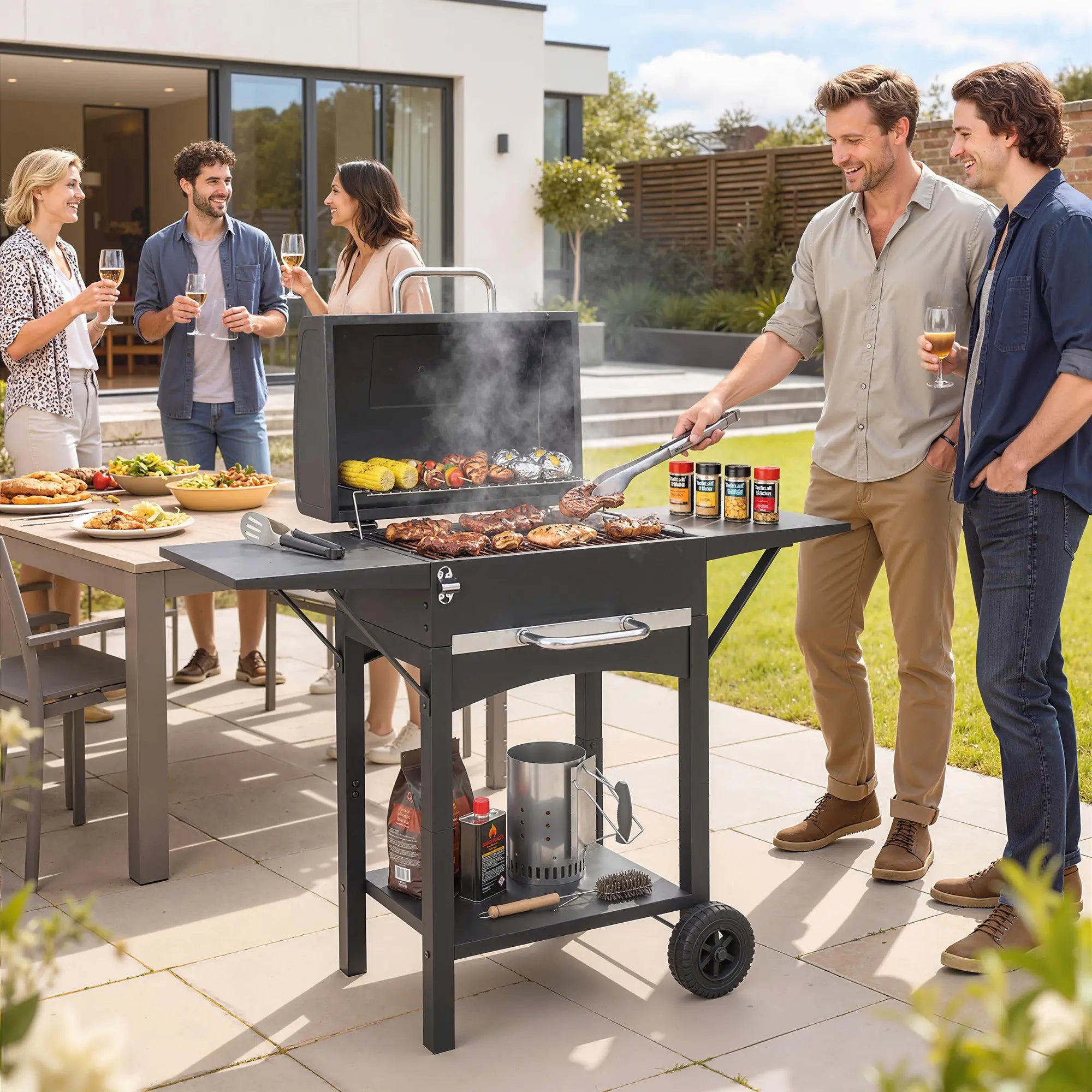 Charcoal Grill With Side Tables, Barbecue Smoker With Thermometer, 43.3