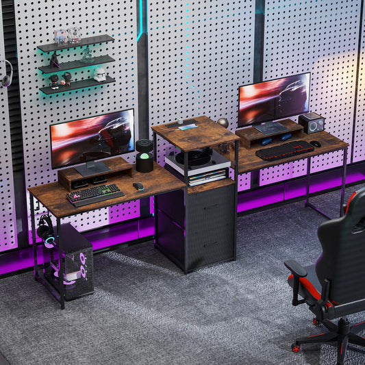 96 Inch Gaming Desk, Dual Computer Desk, Rustic Brown, Brown Gaming Desks Rustic Brown at Gallery Canada