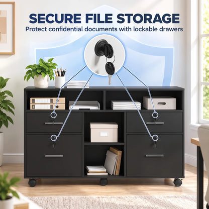 Filing Cabinet Locking Drawers Open Shelves 5 Casters, Black Office Cabinets & Cupboards at Gallery Canada