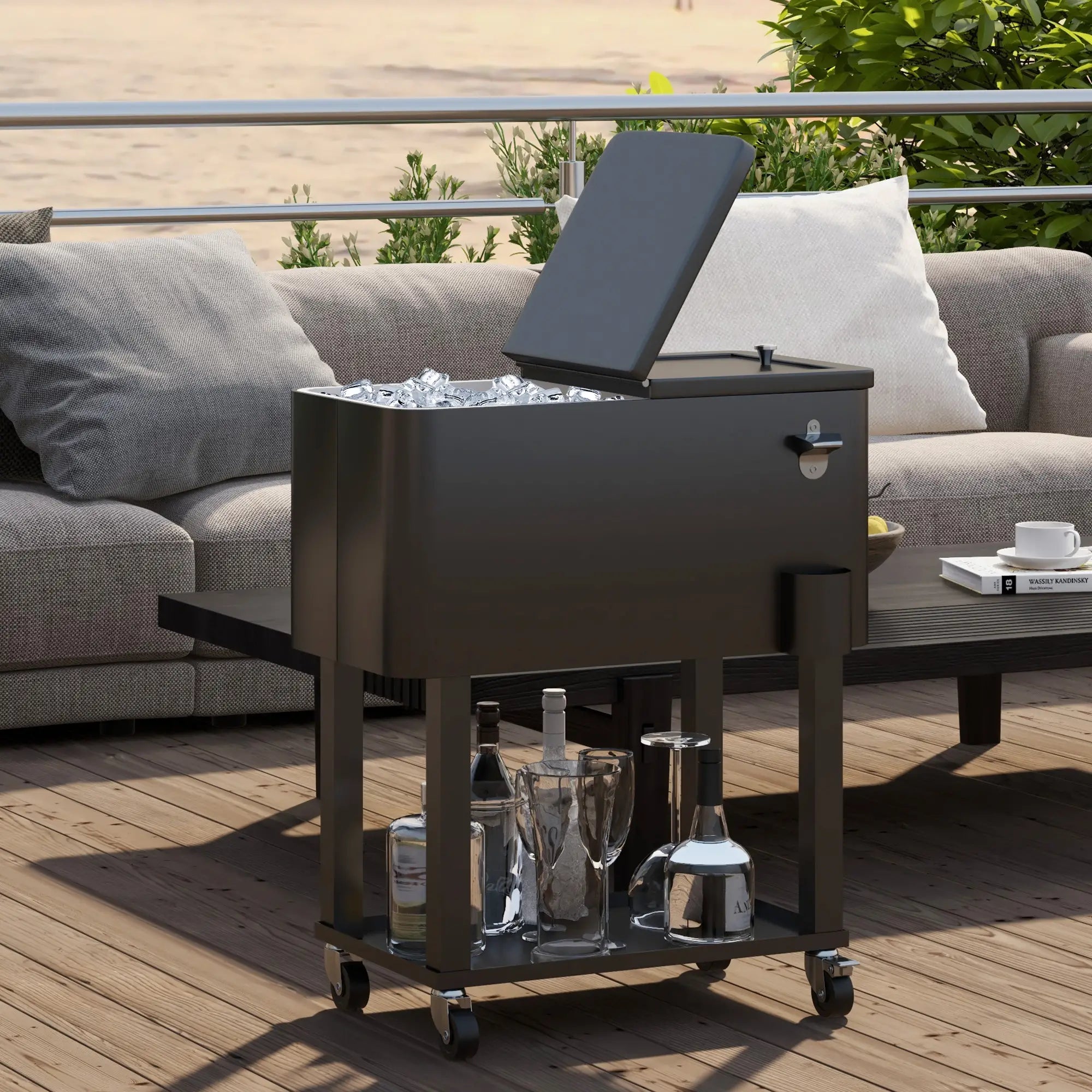 60 Quart Rolling Outdoor Cooler, Portable Cart with Wheels, Storage Shelf, Black Cooler Boxes at Gallery Canada