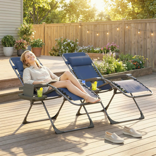 Zero Gravity Chair Set Of 2, Folding Reclining Outdoor Lounge Chair, Dark Blue