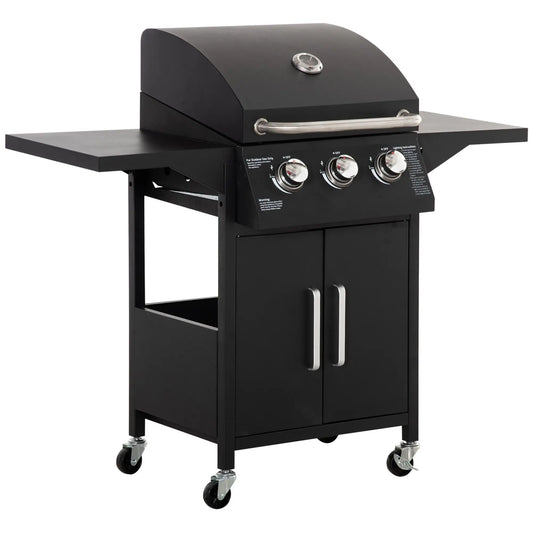 3 Burner Portable Gas Grill, With Wheels And Warming Rack, Black