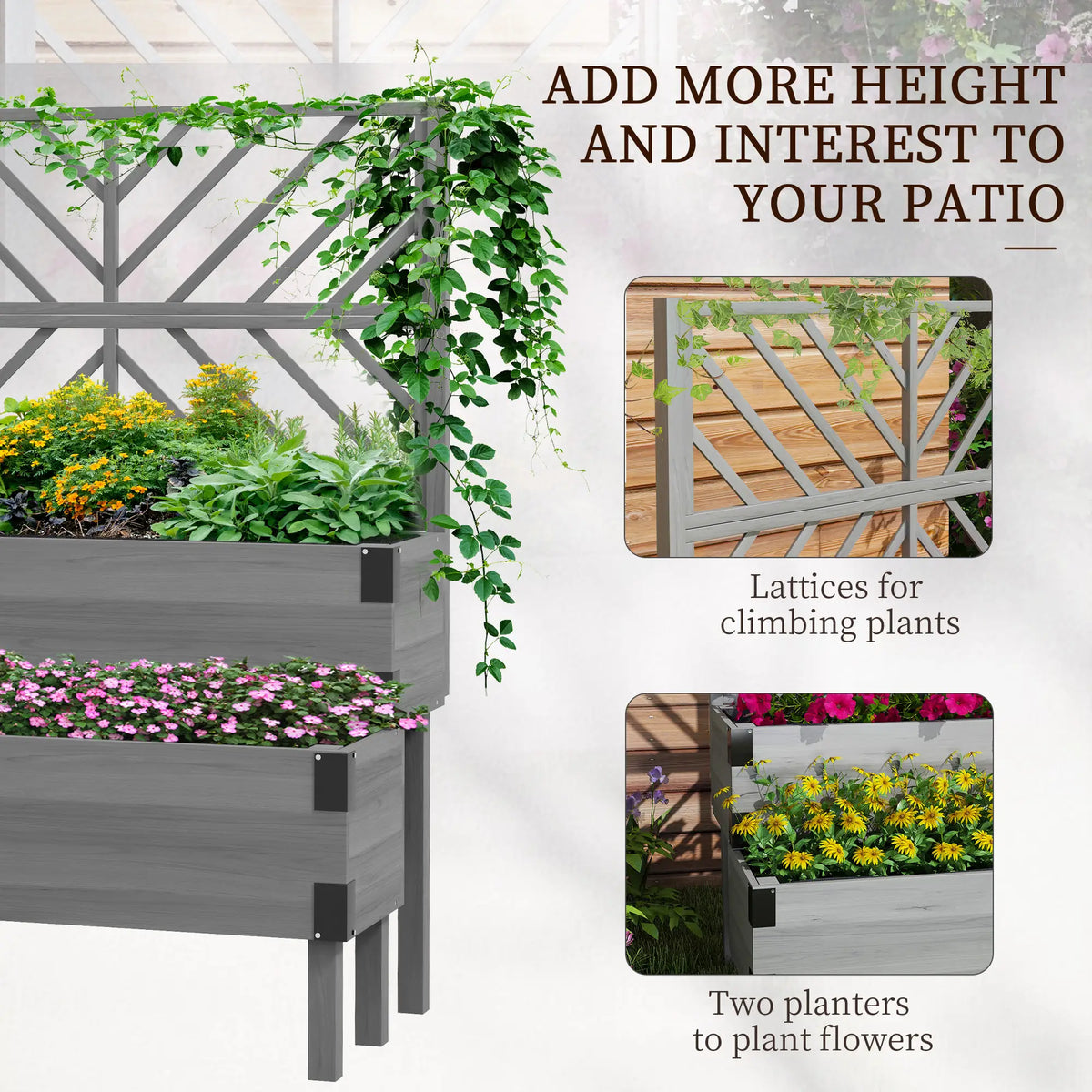 Raised Garden Bed with Trellis, 2 Tier Wooden Planter Box, Grey Elevated Garden Beds at Gallery Canada