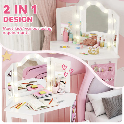 Kids Vanity Table and Chair Set with Lights, Tri-Fold Mirror, White Kids Bedroom Furniture at Gallery Canada