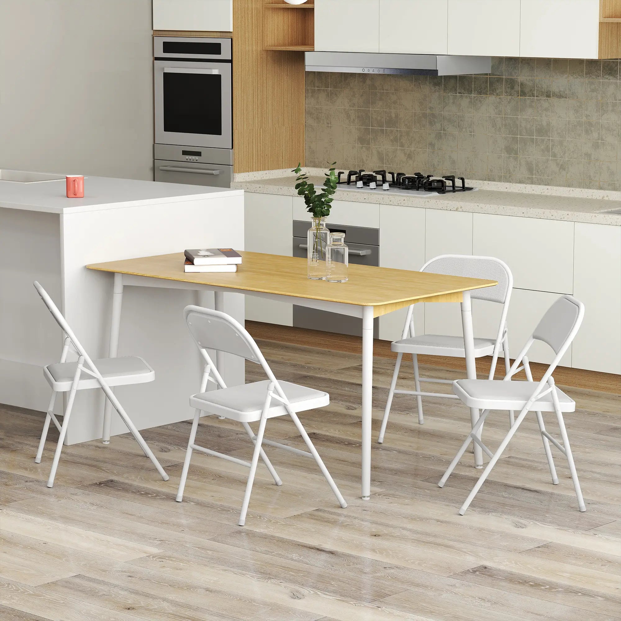 Set of 4 Metal Foldable Chairs, Corduroy Padded, White Dining Chairs at Gallery Canada