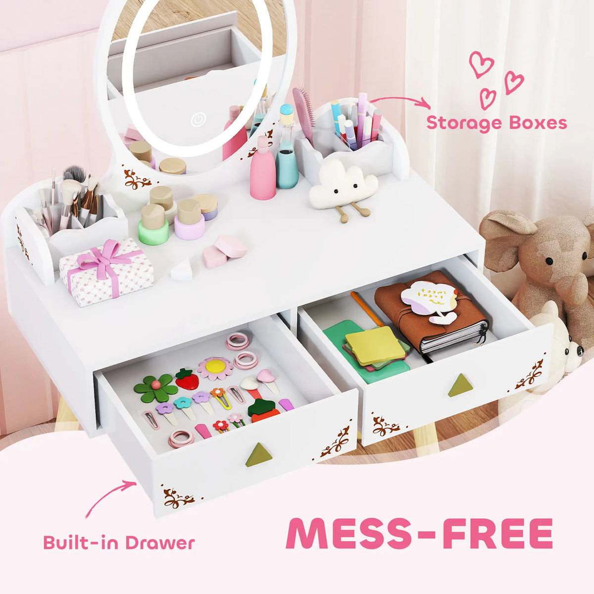 Kids Vanity Set with Mirror, Stool, 3-Color LED Lights, Pink Toy Vanity at Gallery Canada