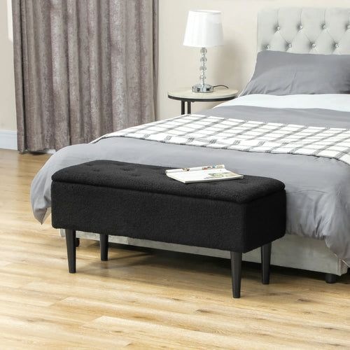 Modern Storage Bench, Ottoman with Storage, Lamb's Wool Upholstery, Black