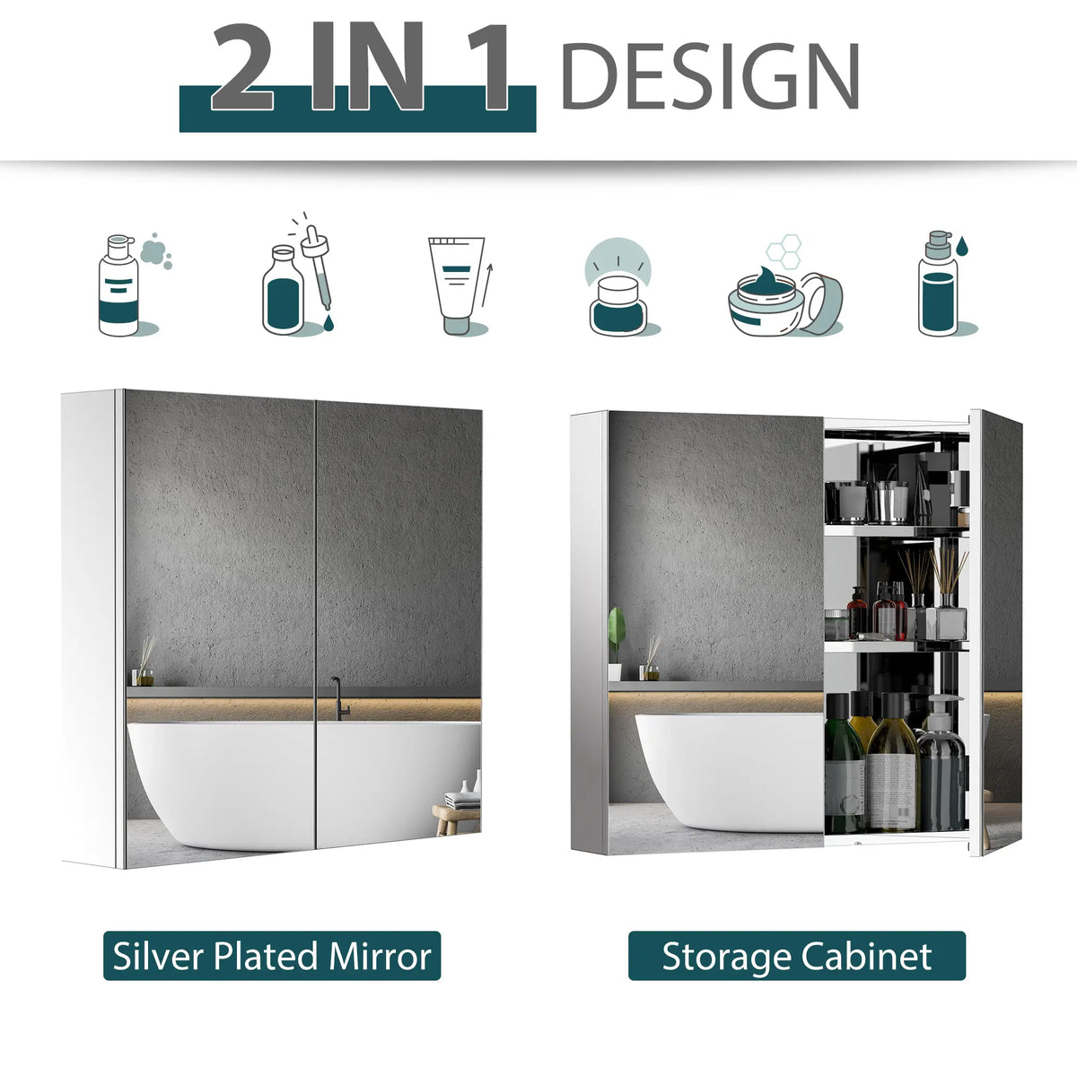 Wall Mounted Mirror Cabinet, Bathroom Medicine Cabinet, 2 Doors, 3-Tier Shelving, Silver Mirror Medicine Cabinets at Gallery Canada