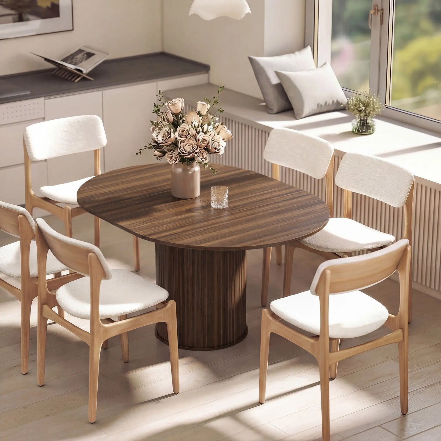 Extendable Kitchen Table, 43.5"-59", Walnut Wood Grain, Pedestal Base Dining Tables at Gallery Canada