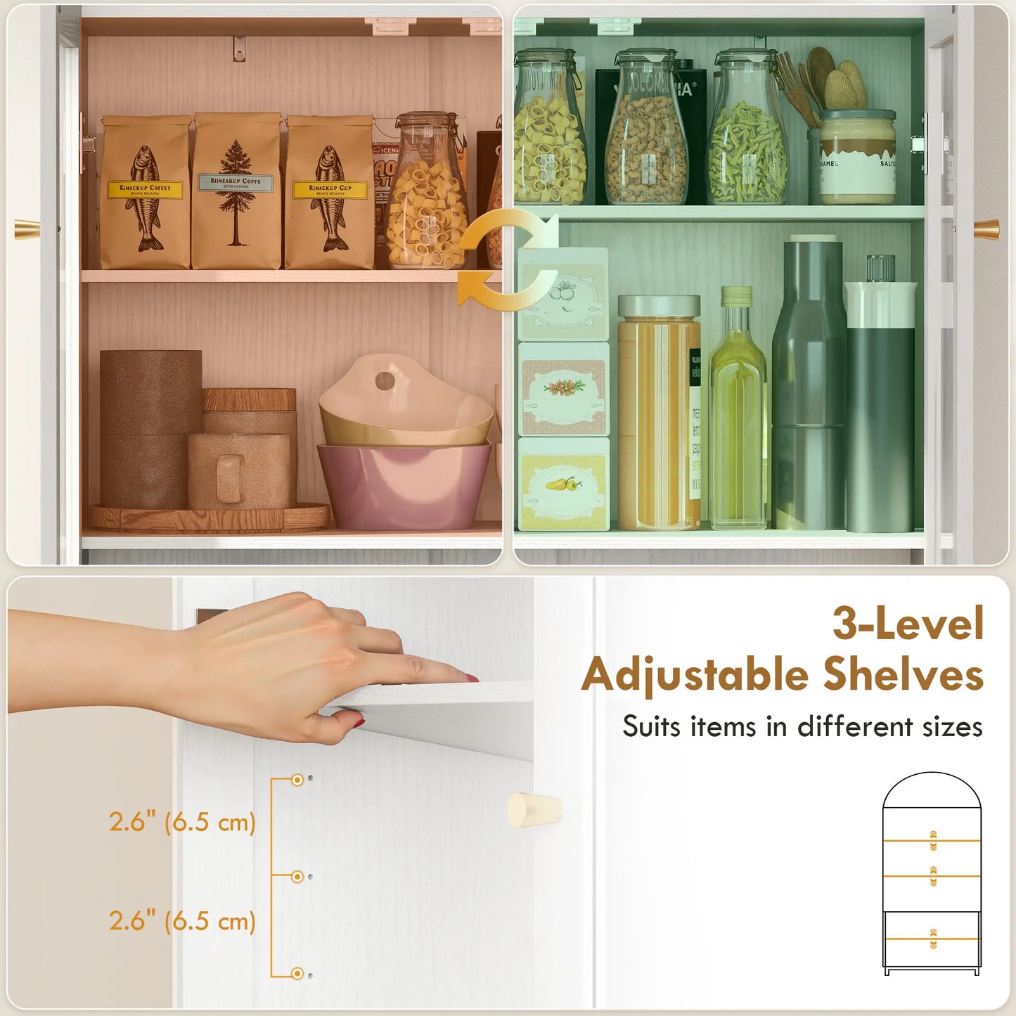 Arched Pantry Cabinet, 71" Tall, Acrylic Glass Doors, White Kitchen Pantry Cabinets at Gallery Canada