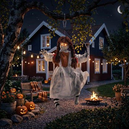 Halloween Animated Creepy Girl Swing, Light-Up Eyes, Sound